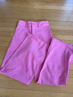 Zara High-Rise Pink Wide-Leg Jeans with Frayed Hem